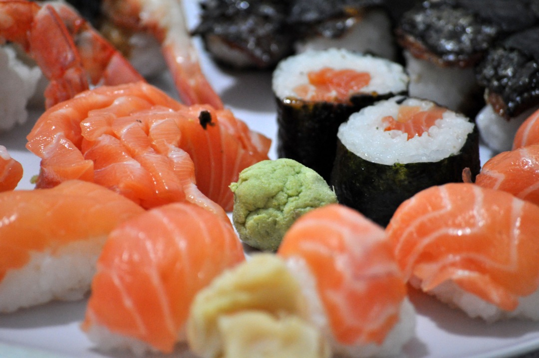 Sushi salmon table with wasabi