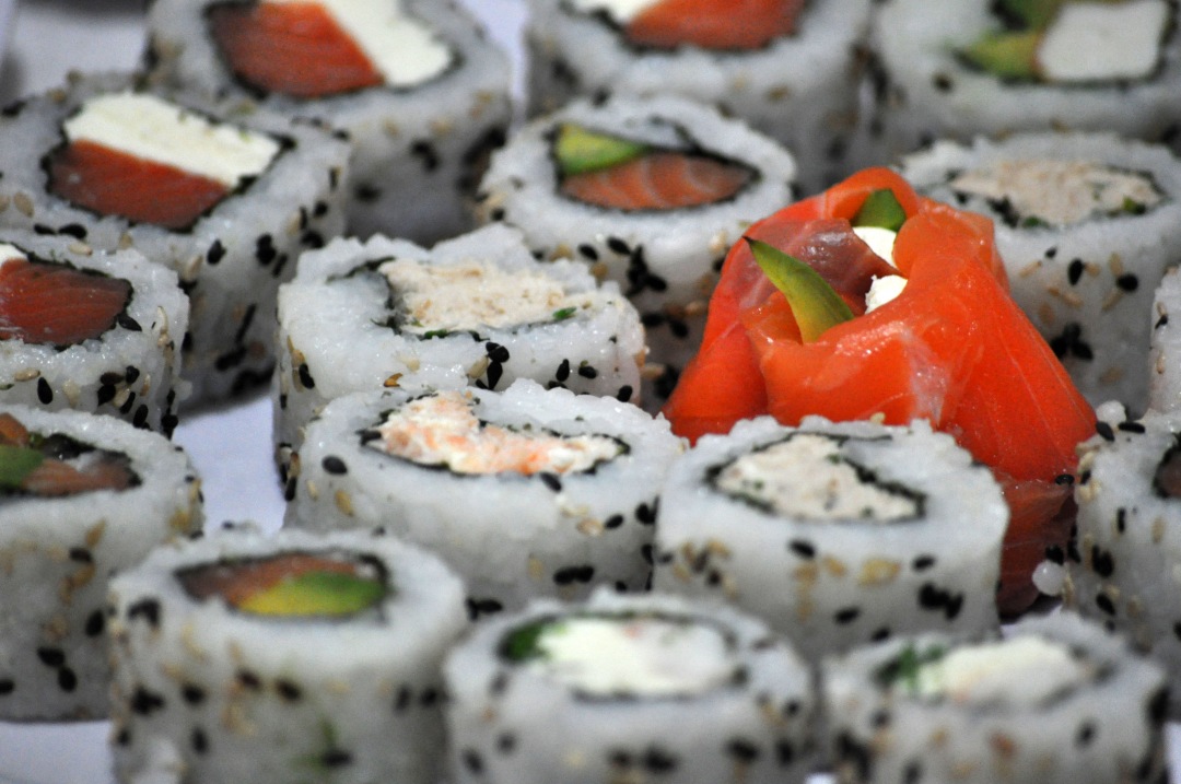 Raw Salmon heisha  Sushi table with avocado