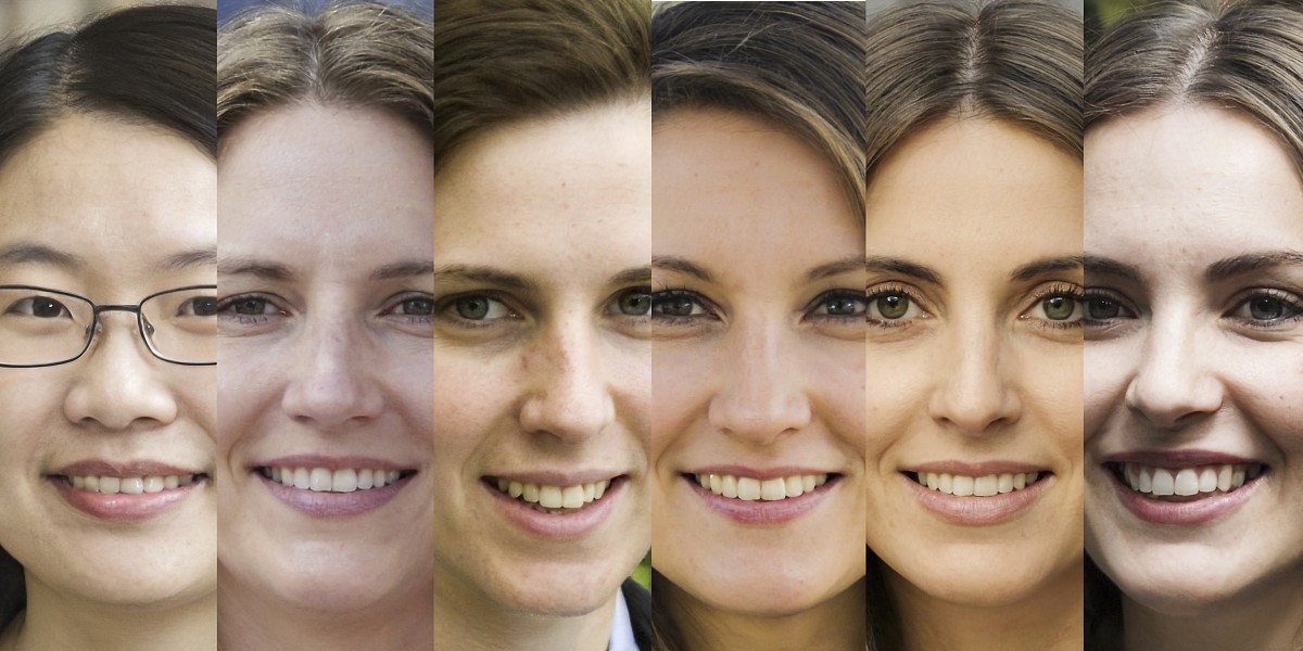 happy white woman face collage
