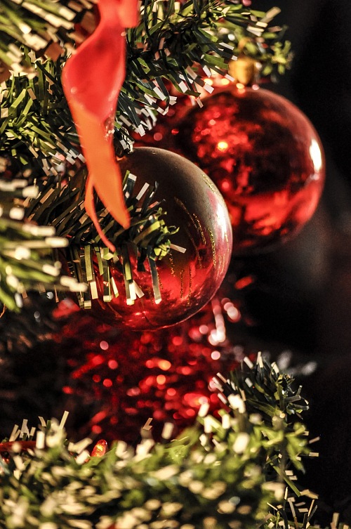two balls christmas ornaments on christmas tree