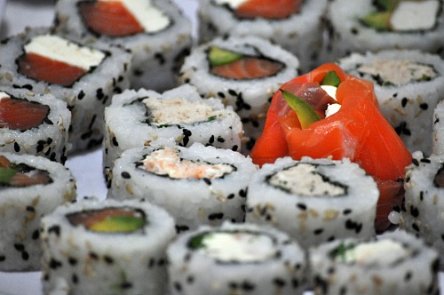 Raw Salmon heisha  Sushi table with avocado